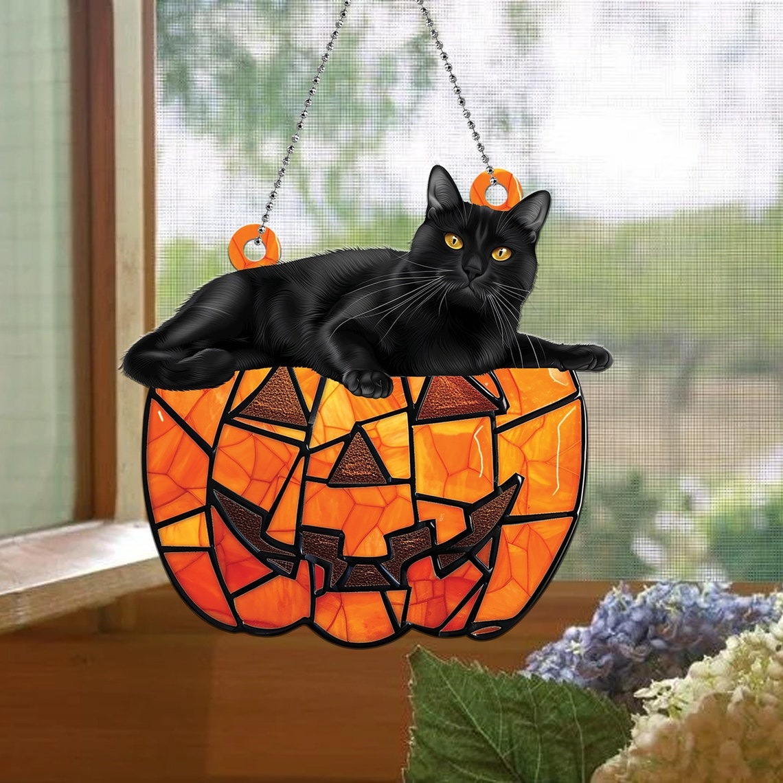 Black Cat Lying on the Pumpkin Halloween Hanging Suncatcher, Black Cat Pumpkin Ornament Decor