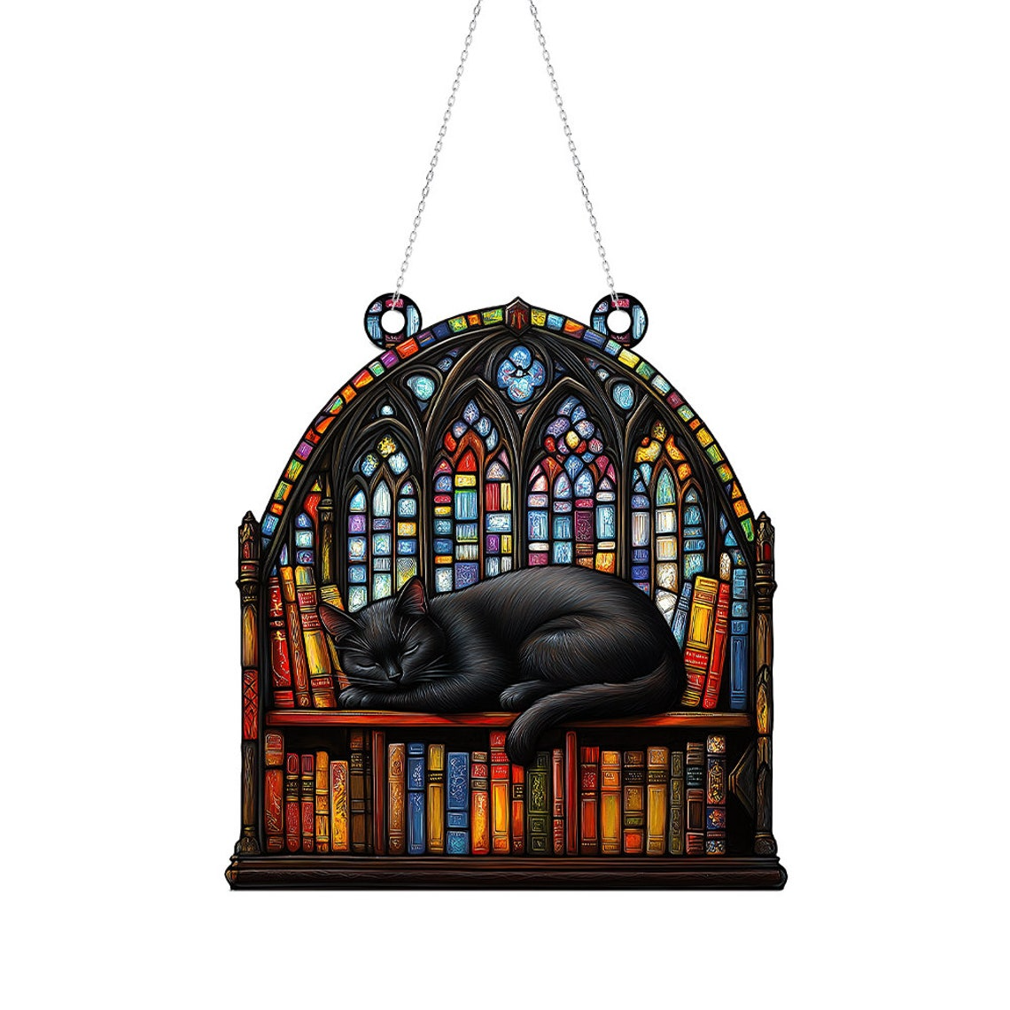 Cat Sleeping on Bookcase Suncatcher, Cat Sleeping on Books Hanging Window Decor