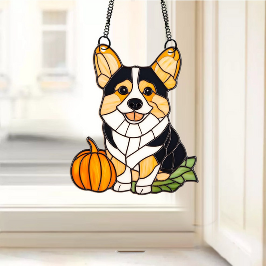 Cute Corgi Dog with Pumpkin Halloween Suncatcher, Corgi Dog Window Hanging Decor