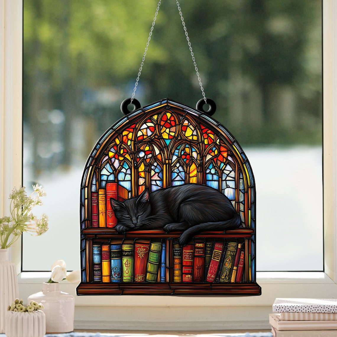 Black Cat Sleeping on Books Suncatcher, Pet Lovers Hanging Window Ornament Decor