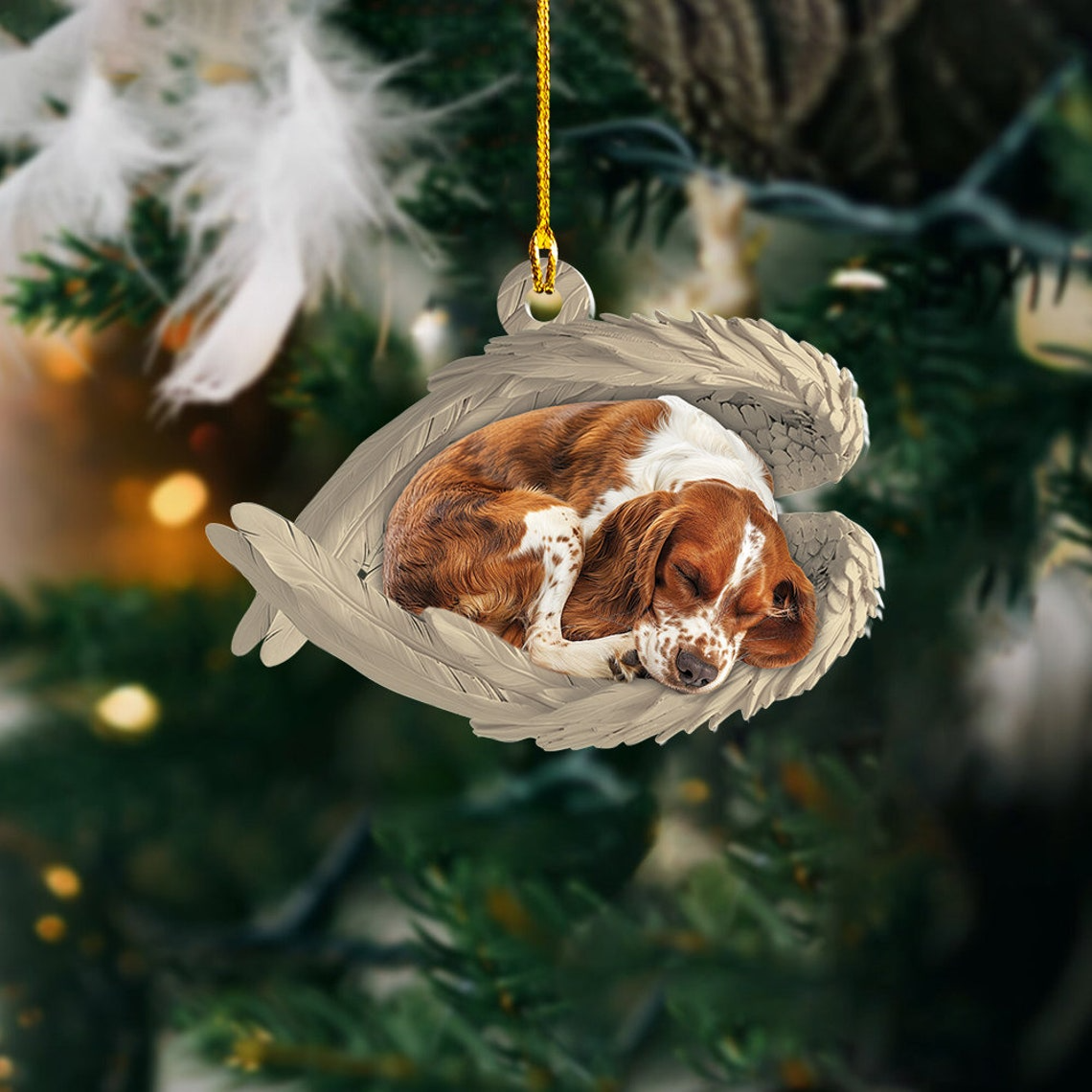 Brittany Spaniel Dog Sleeping Angel Wings Ornament Gift, Brittany Spaniel Dog Car Christmas Ornament