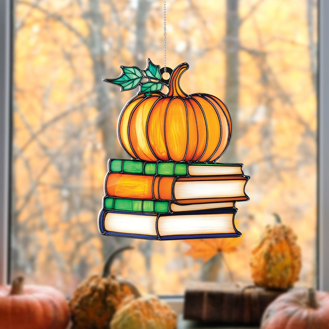 Pumpkin Books Suncatcher Ornament, Halloween Books Pumpkin Fall Ornament