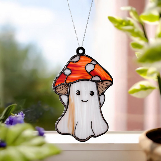 Cute Ghost Mushroom Halloween Suncatcher, Halloween Mushroom Boo Ornament Decor