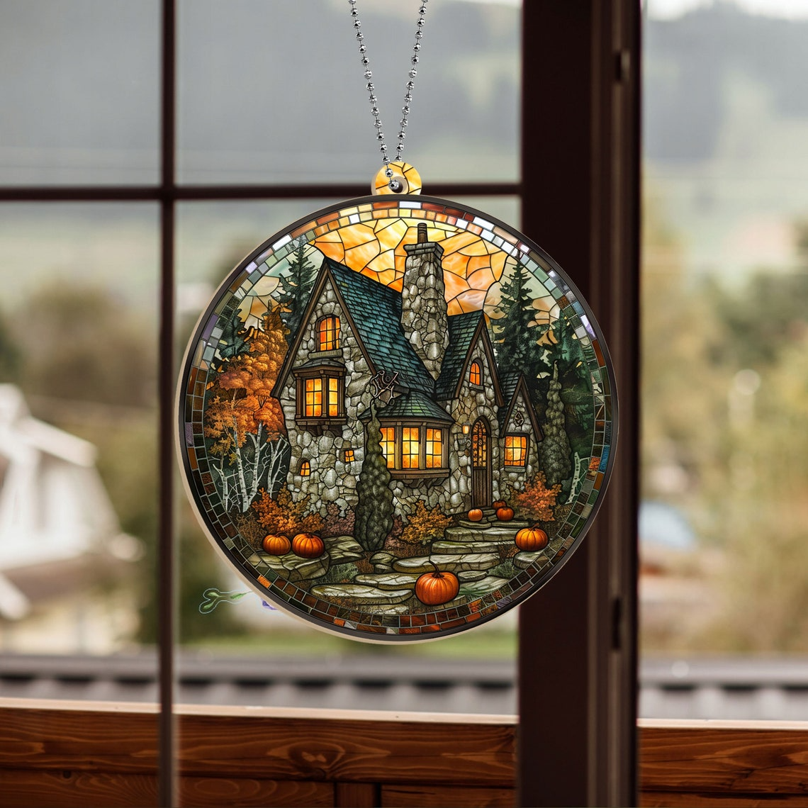 Wizard Castle with Pumpkin Suncatcher, Halloween Circle Suncatcher Ornament