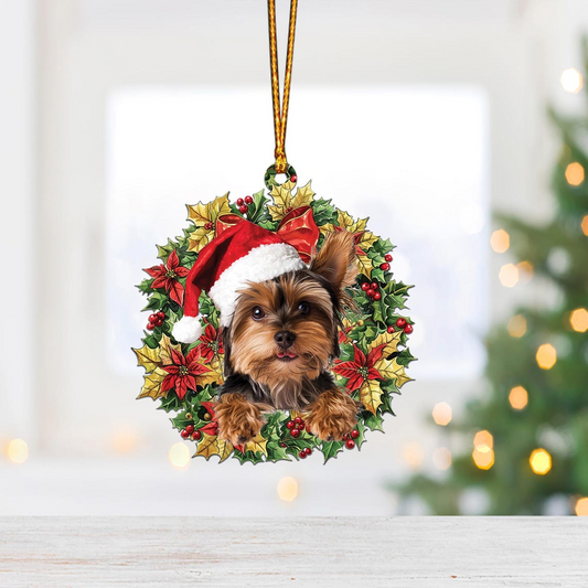 Cute Yorkshire Terrier and Christmas Wreath Ornament, Christmas Dog Lovers Hanging Ornament Gift