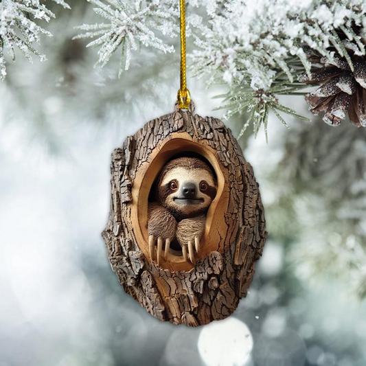 Sloth Flat Hanging Christmas Ornament, Christmas Sloth in the Hollow Tree Ornament Holiday