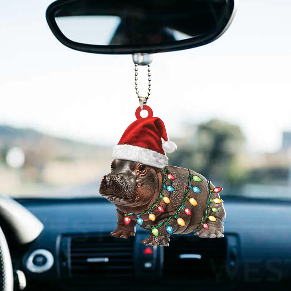 Baby Hippo Moo Deng Christmas Light Ornament, Christmas Pygmy Hippo Wearing Hat Santa Ornament