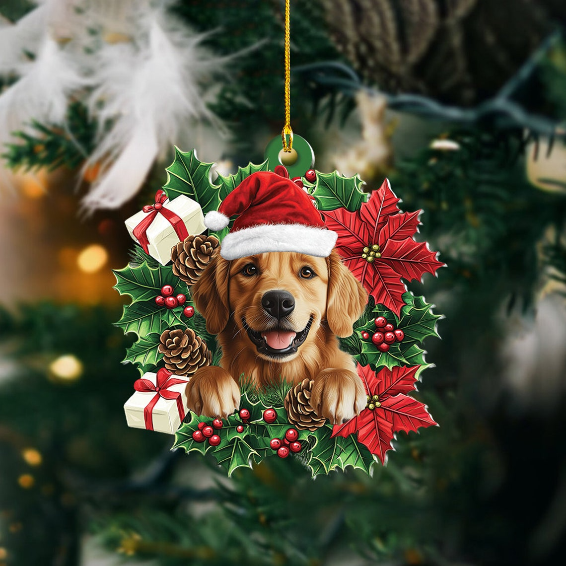 Golden Retriever Dog Christmas Wreath Ornament, Golden Retriever Dog Hanging Christmas Ornament