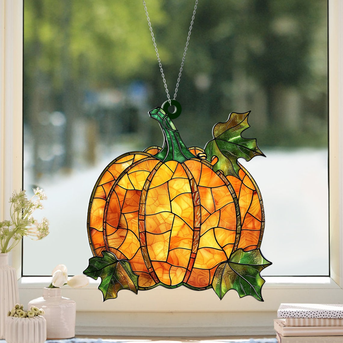 Pumpkin Stained Glass Ornament, Pumpkin Fall Hanging Window Ornament