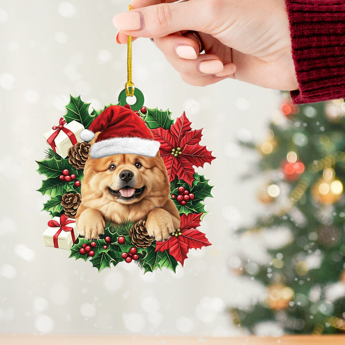 Chow Chow Dog Christmas Wreath Ornament, Chow Chow Dog Christmas Ornament Decor Holiday Gift