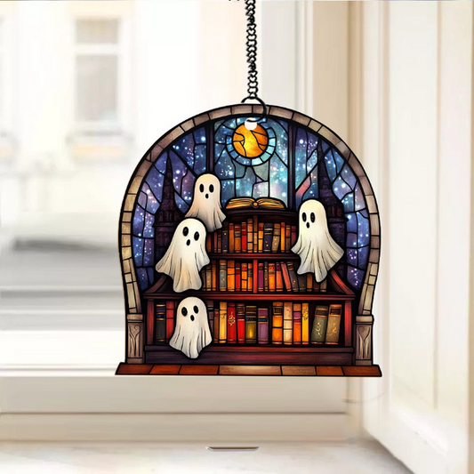 Classic Ghosts in Haunted Library Ornament Suncatcher, Spooky Ghost Home Decor Gift