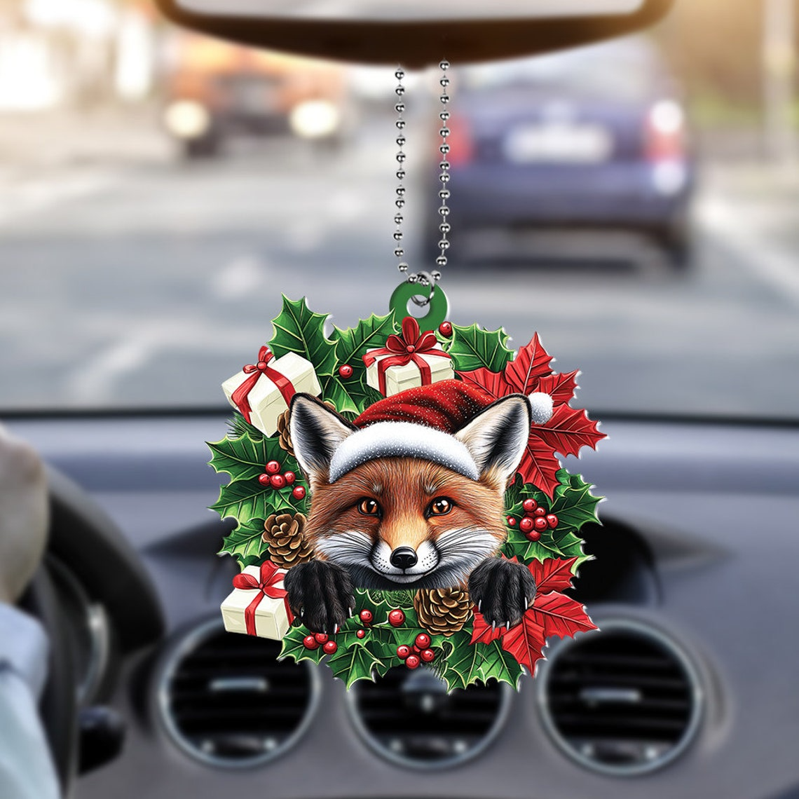 Lovely Fox Christmas Wreath Ornament, Fox Car Hanging Christmas Tree Ornament Decor Gift