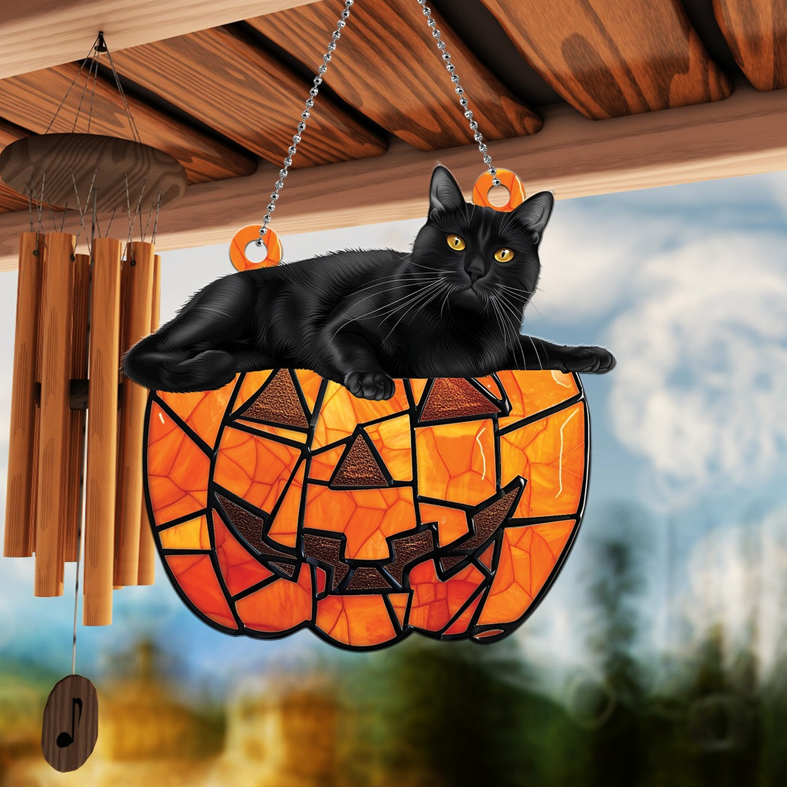 Black Cat Lying on the Pumpkin Halloween Hanging Suncatcher, Black Cat Pumpkin Ornament Decor