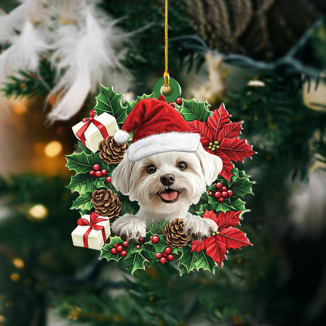 Maltese Dog Christmas Wreath Ornament, Baby Maltese Dog Funny Christmas Ornament Decor