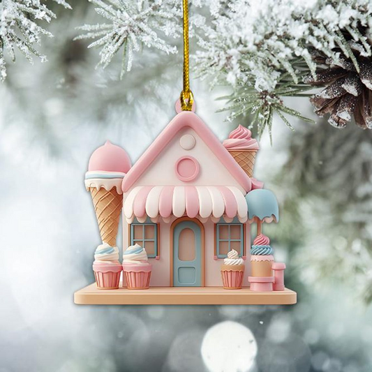 Ice Cream Parlor Flat Christmas Tree Ornament, Christmas Ice Cream Hanging Ornament Decor