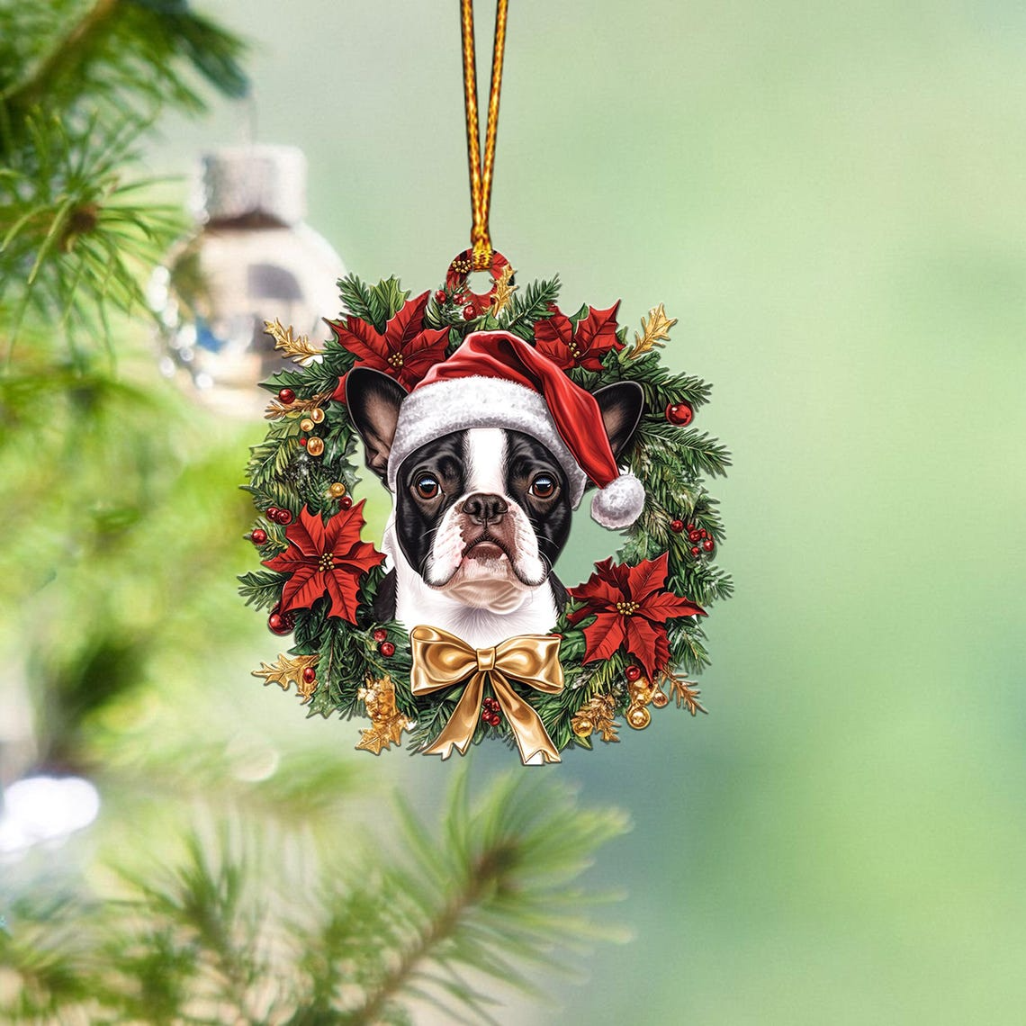 Boston Terrier Dog Christmas Wreath Ornament, Christmas Boston Terrier Tree Ornament Decro Gift