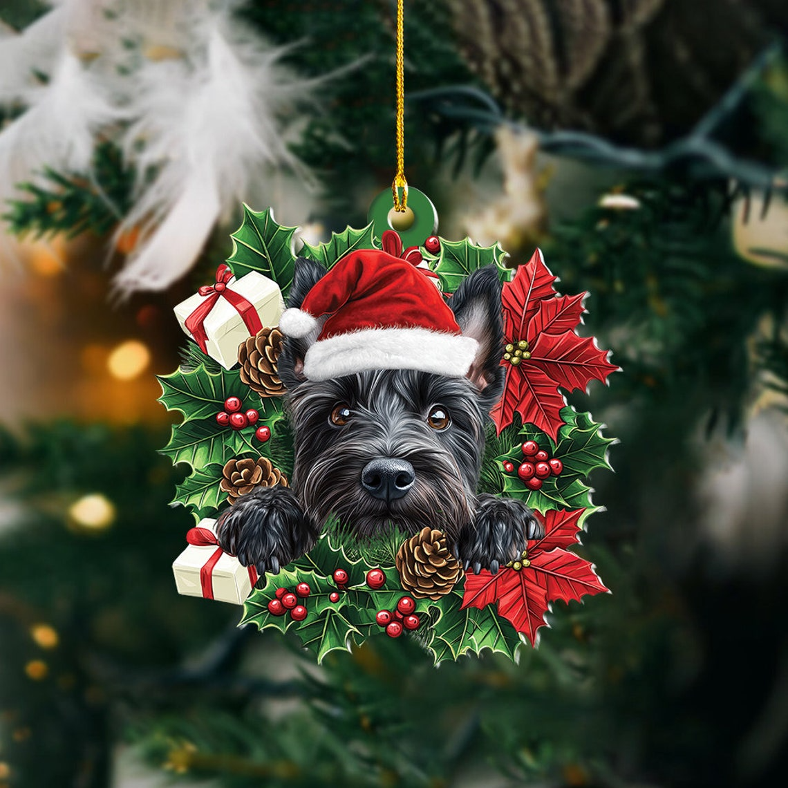 Scottish Terrier Dog Christmas Wreath Ornament, Cute Dog Christmas Ornament Decro Holiday Gift