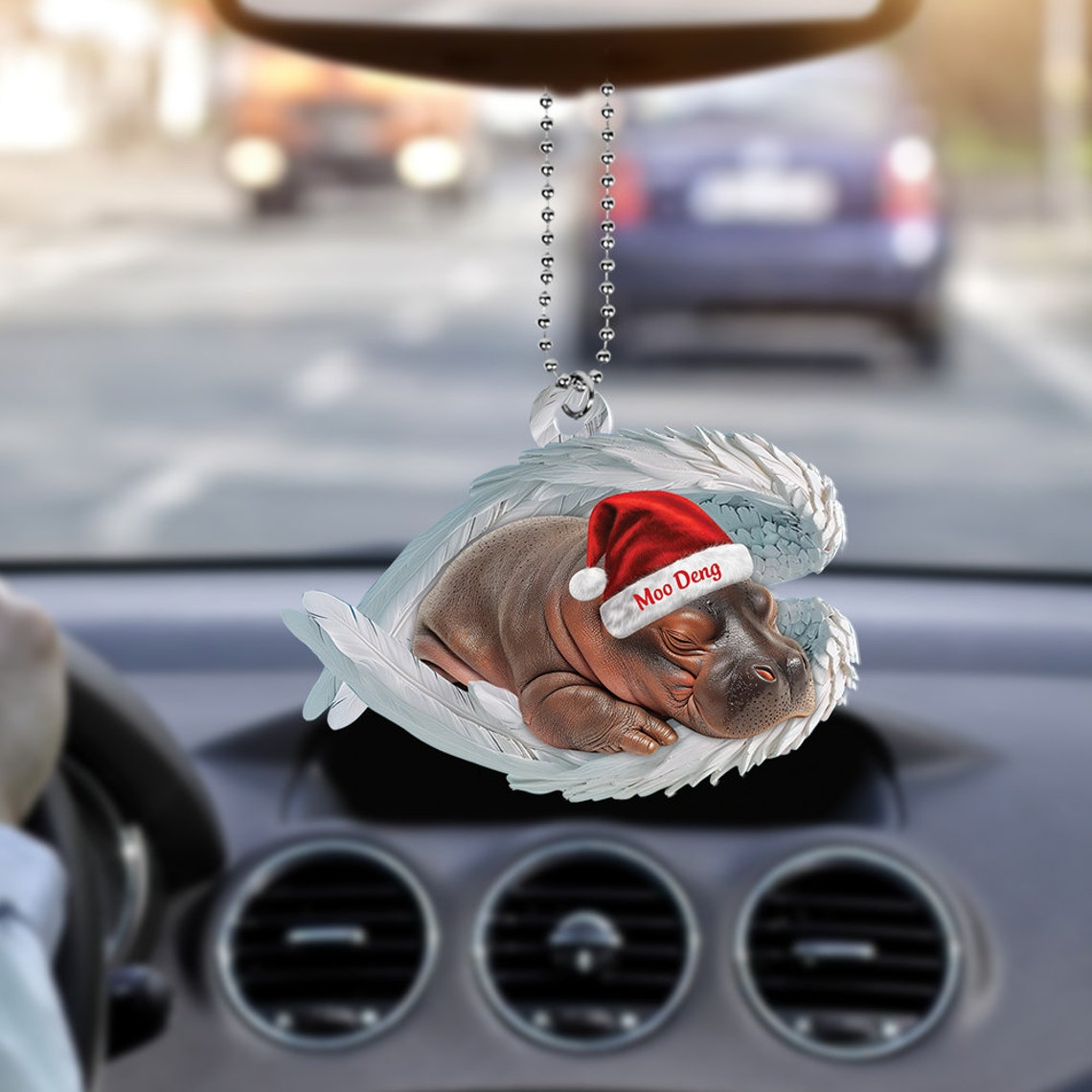 Baby Hippo Moo Deng Hanging Ornament Gift, Pygmy Hippo Sleeping Angel Wings Car Ornament