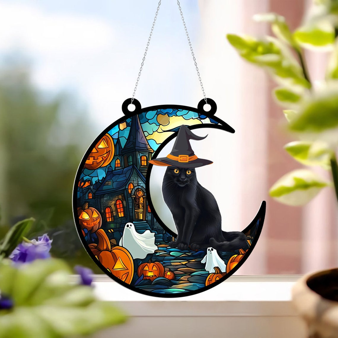 Witchy Cat on the Moon Haunted House Suncatcher, Cat Hanging Ornament Halloween Decor