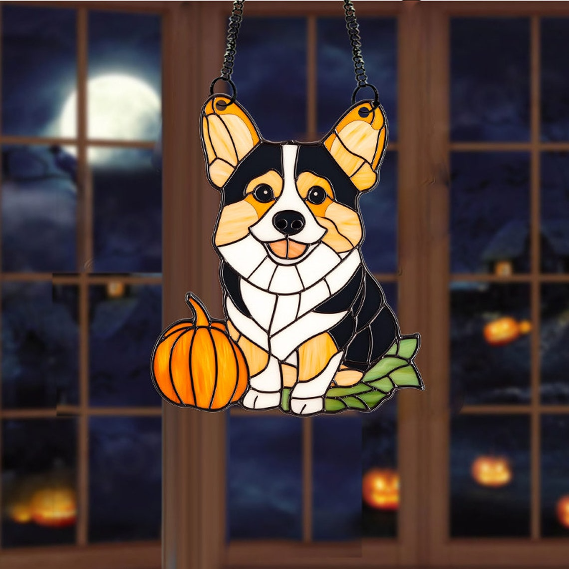 Cute Corgi Dog with Pumpkin Halloween Suncatcher, Corgi Dog Window Hanging Decor