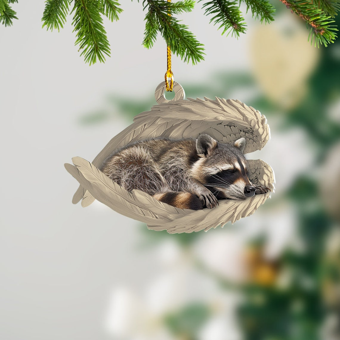 Raccoon Sleeping Angel Christmas Ornament, Raccoon Angel Wings Hanging Ornament Holiday Gift