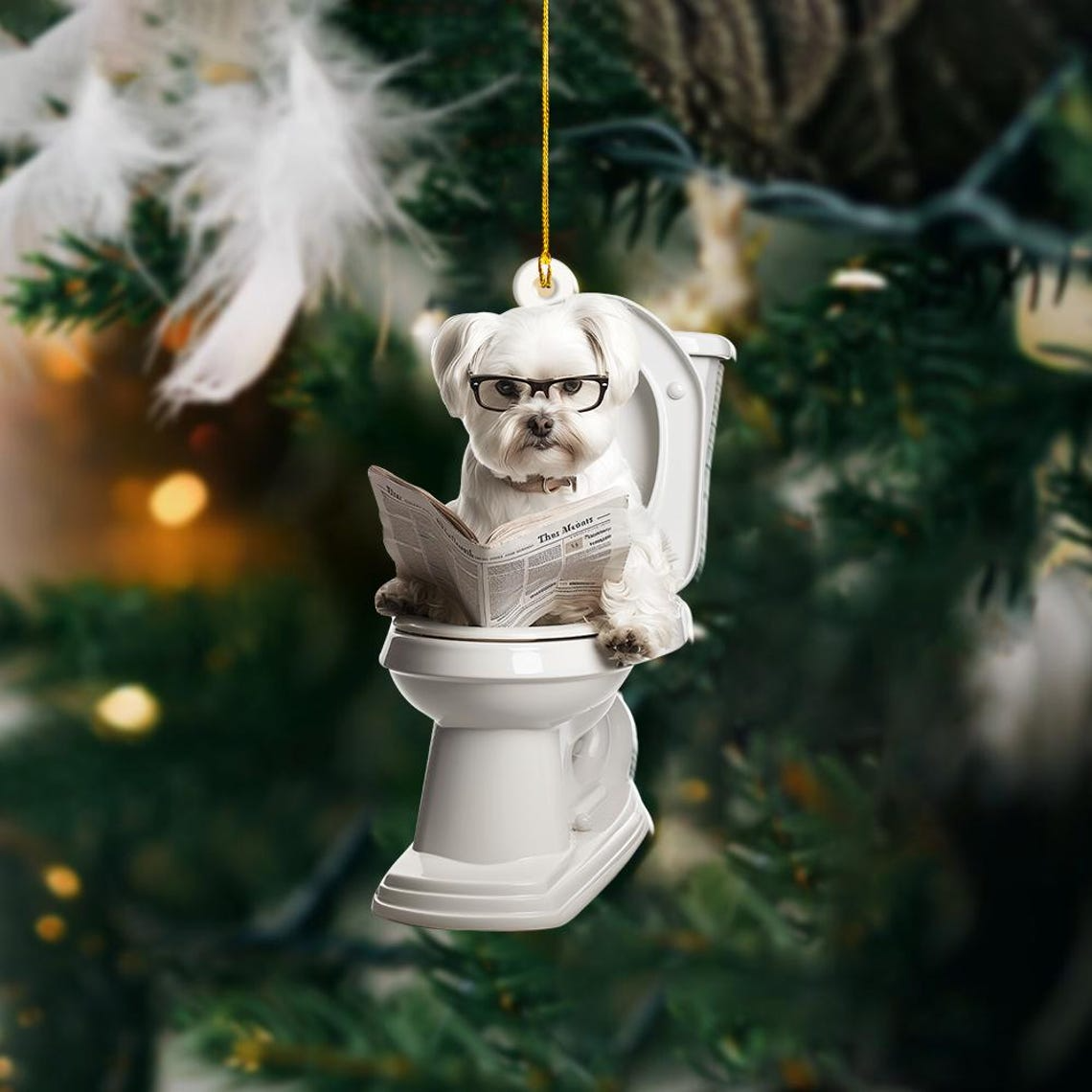 Funny Maltese Dog Sitting On Toilet Ornament, Cute Dog Reading Newspaper Ornament Christmas