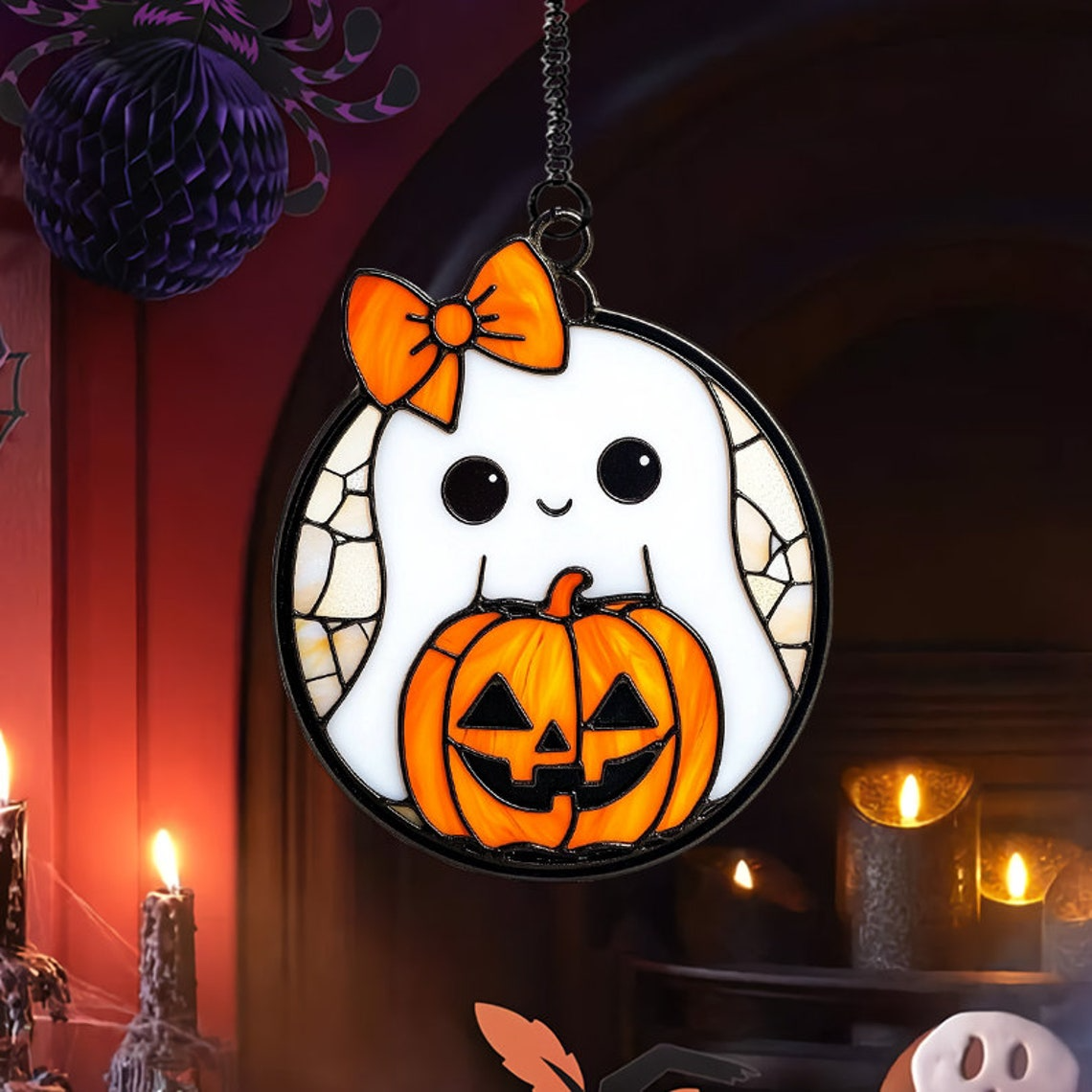 Cute Ghost Wearing Bow with Lantern Halloween Suncatcher, Cute Ghost Hanging Decor