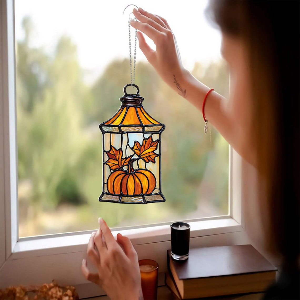 Lantern Pumpkin Autumn Suncatcher, Lantern Pumpkin Hanging Ornament Decor