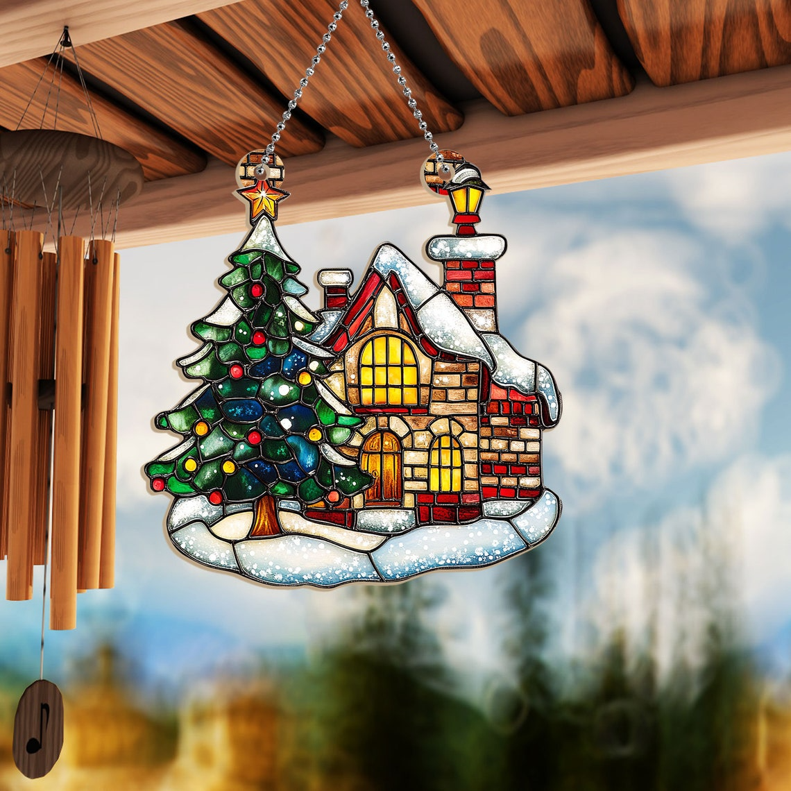 Christmas Tree with House Suncatcher, Christmas Tree with House Window Hanging Decor