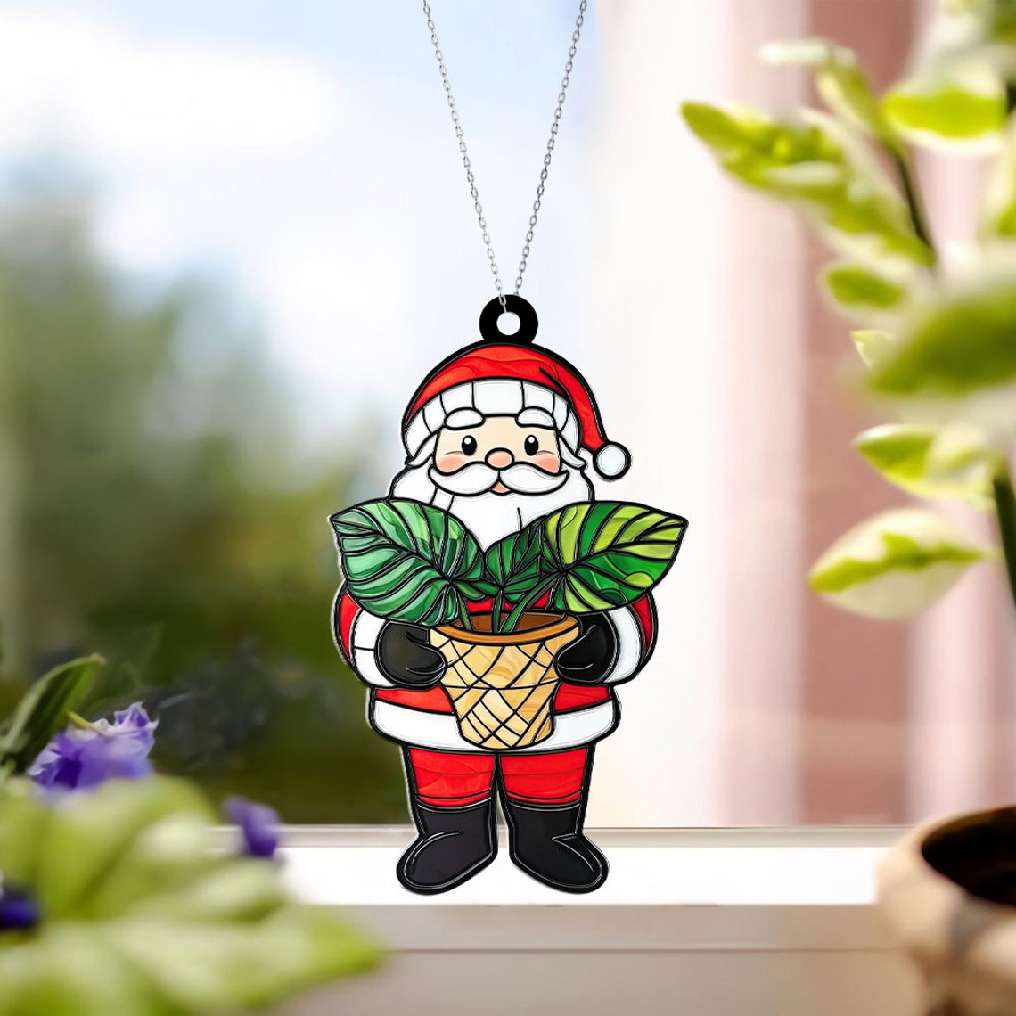 Cute Santa Monstera Pot Suncatcher Ornament, Monstera Window Hanging Christmas Decor