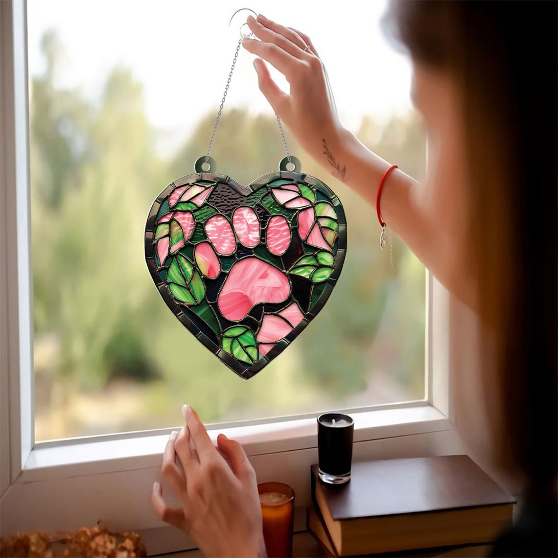 Cat's Paw Pink Hanging Suncatcher, Cat's Paw Window Hanging Ornament Decor