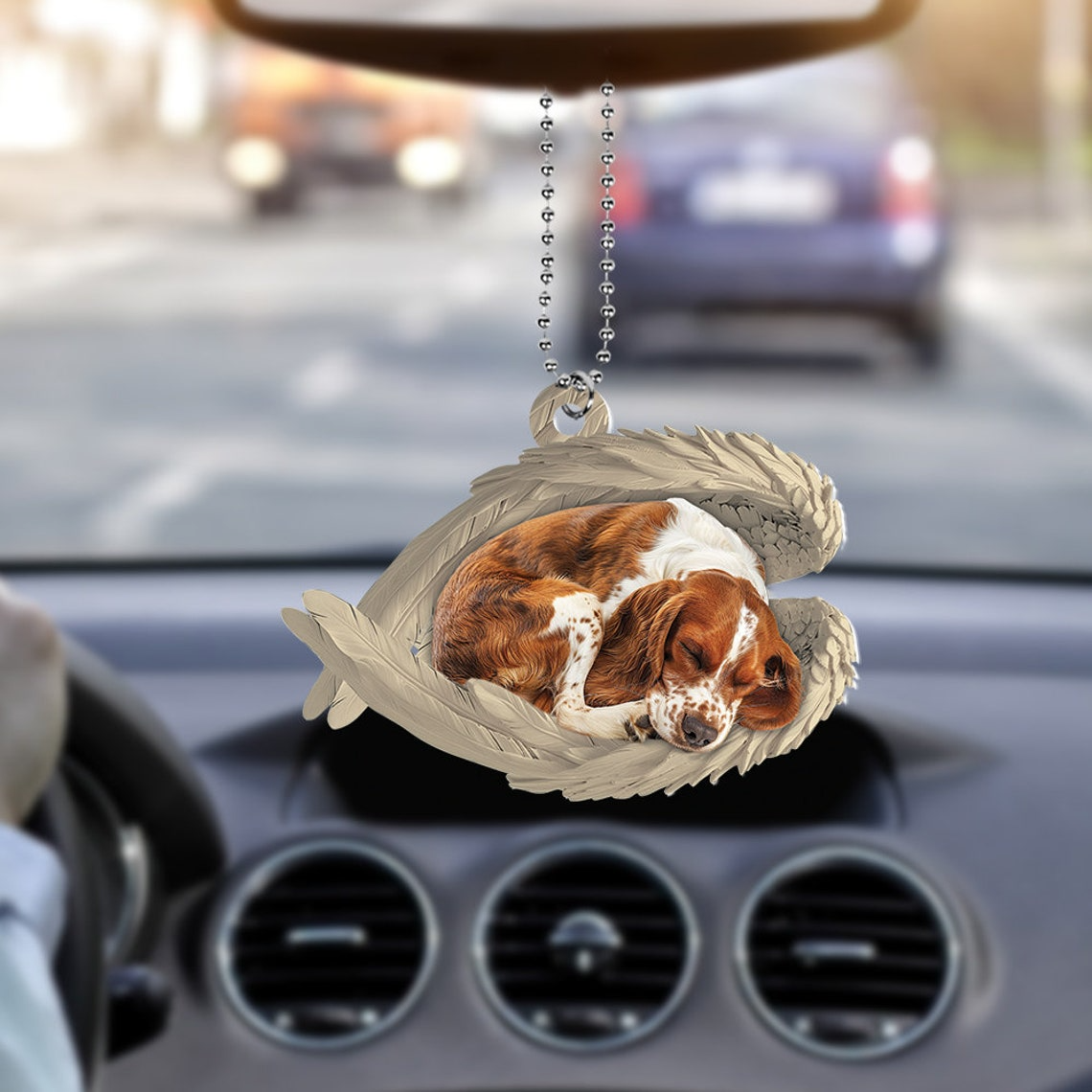 Brittany Spaniel Dog Sleeping Angel Wings Ornament Gift, Brittany Spaniel Dog Car Christmas Ornament