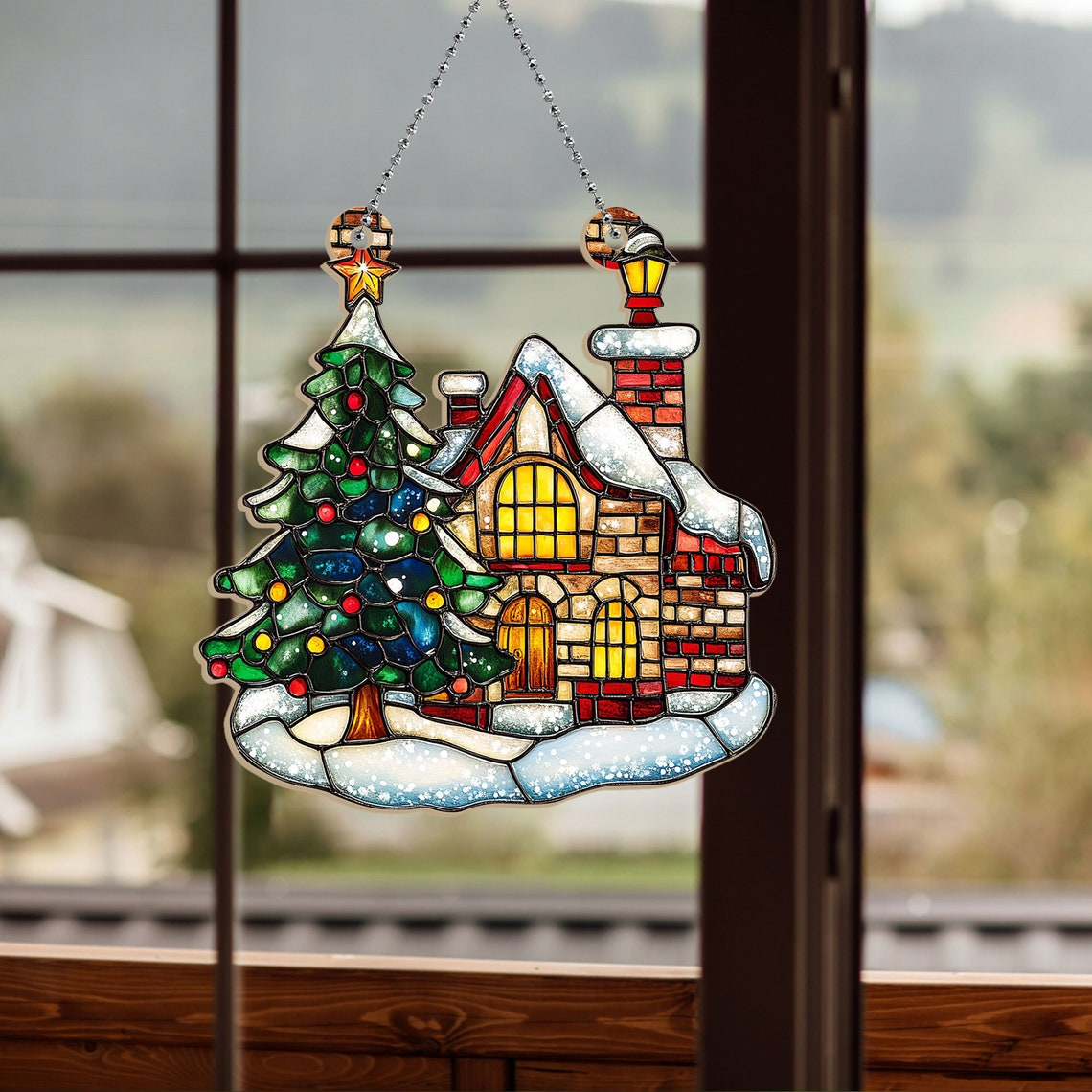 Christmas Tree with House Suncatcher, Christmas Tree with House Window Hanging Decor