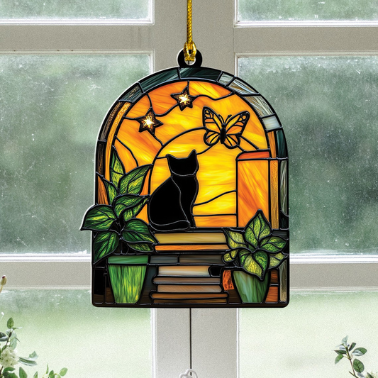 Black Cat on Bookshelf Hanging Suncatcher, Black Cat on Bookshelf Decor