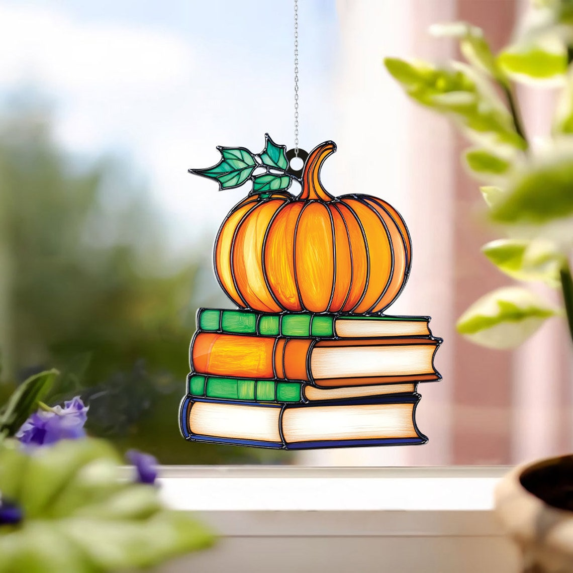 Pumpkin Books Suncatcher Ornament, Halloween Books Pumpkin Fall Ornament