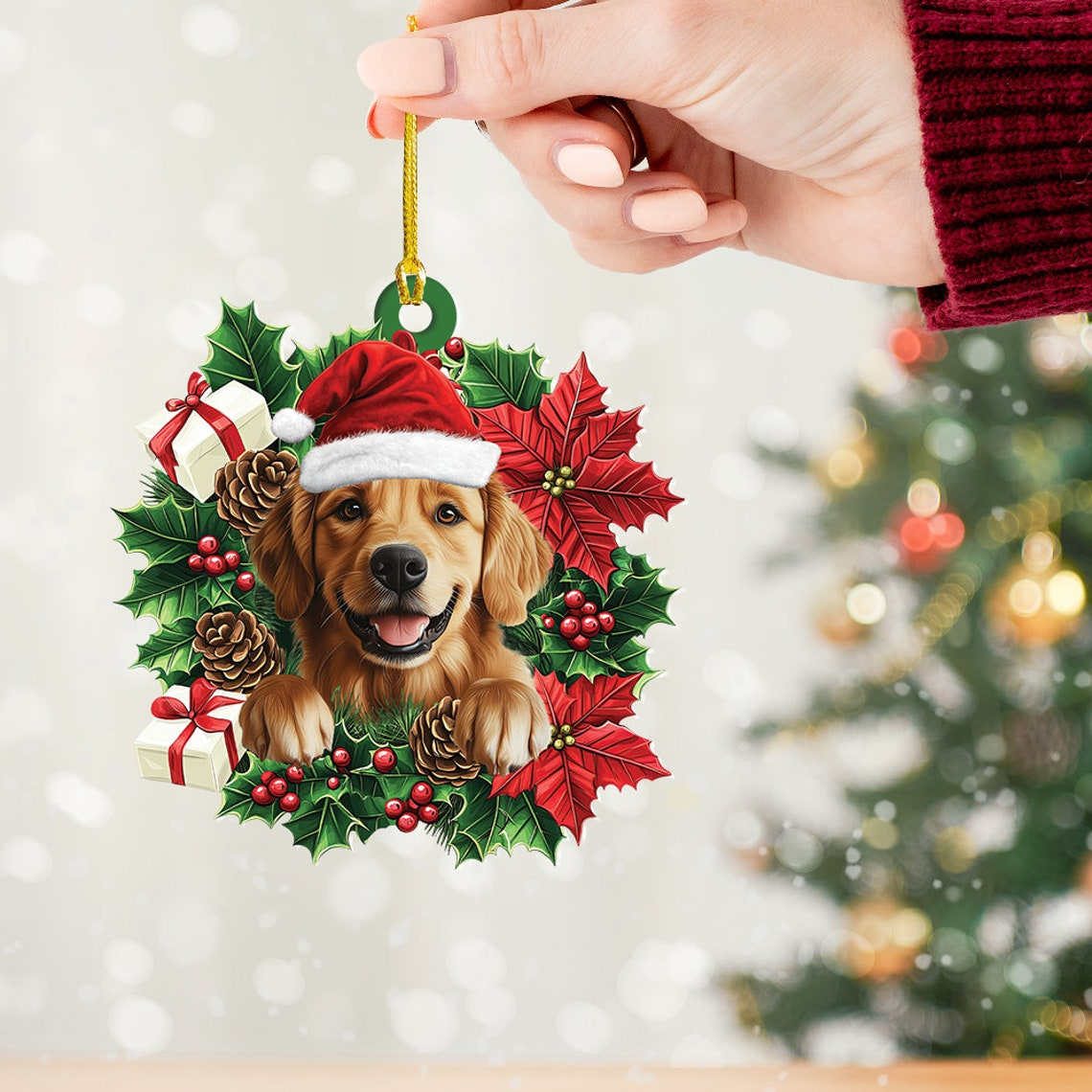 Golden Retriever Dog Christmas Wreath Ornament, Golden Retriever Dog Hanging Christmas Ornament