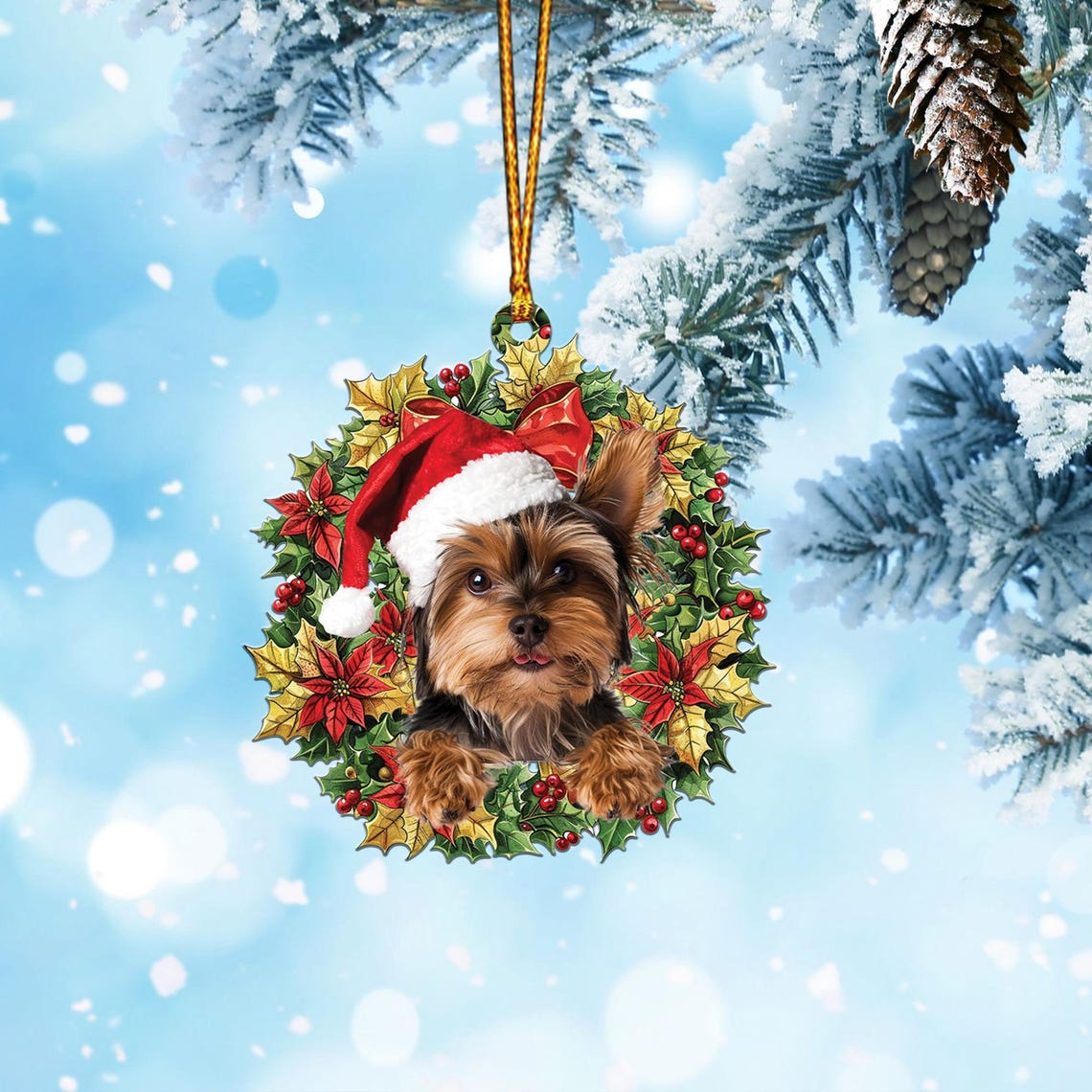 Cute Yorkshire Terrier and Christmas Wreath Ornament, Christmas Dog Lovers Hanging Ornament Gift