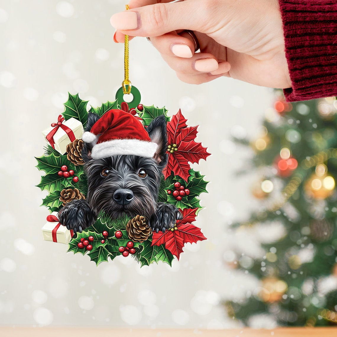 Scottish Terrier Dog Christmas Wreath Ornament, Cute Dog Christmas Ornament Decro Holiday Gift