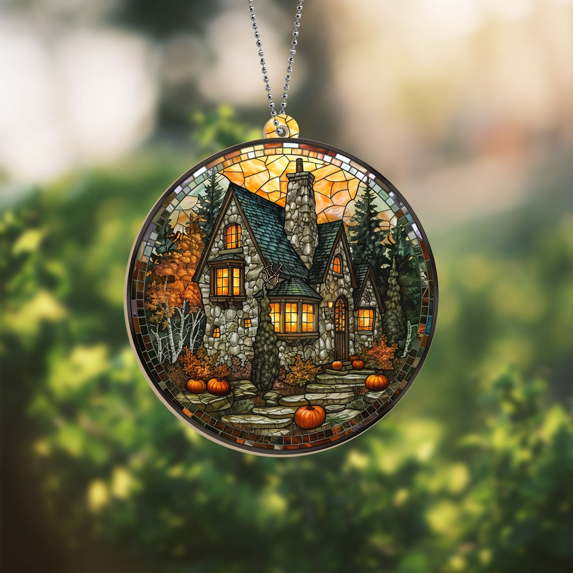 Wizard Castle with Pumpkin Suncatcher, Halloween Circle Suncatcher Ornament