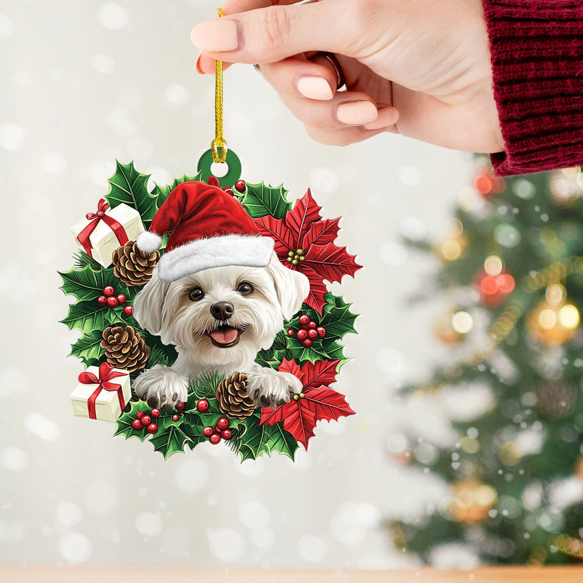 Maltese Dog Christmas Wreath Ornament, Baby Maltese Dog Funny Christmas Ornament Decor