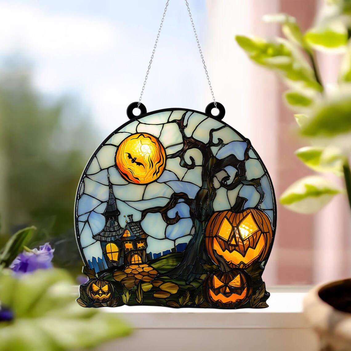 Halloween Haunted House Pumpkin Hanging Suncatcher, Halloween Castle Hanging Ornament Decor