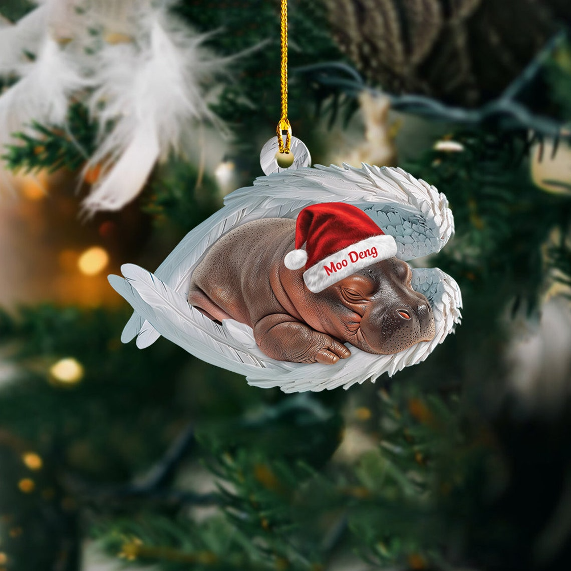 Baby Hippo Moo Deng Hanging Ornament Gift, Pygmy Hippo Sleeping Angel Wings Car Ornament