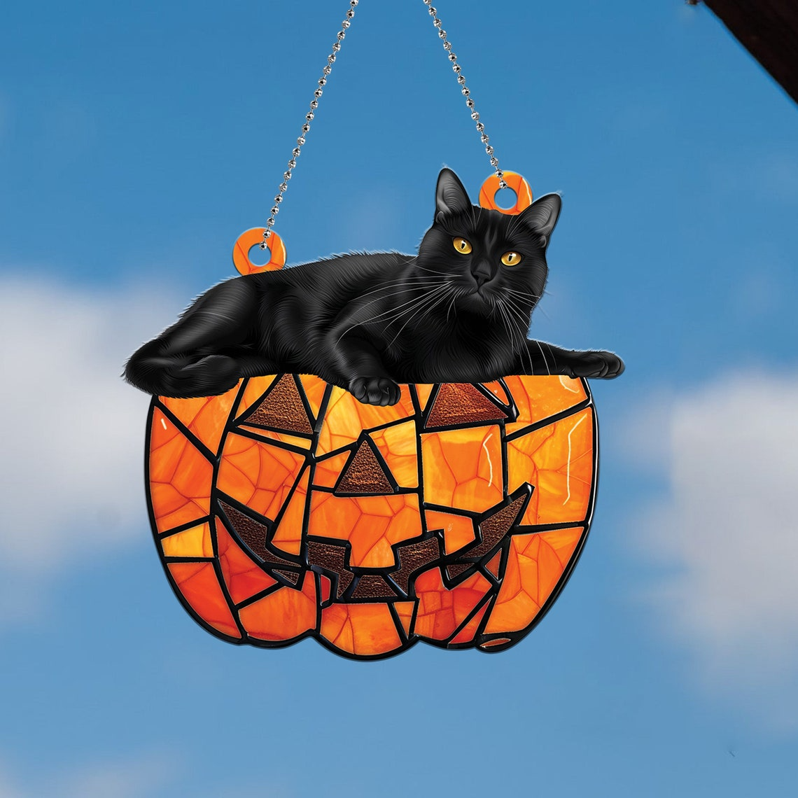 Black Cat Lying on the Pumpkin Halloween Hanging Suncatcher, Black Cat Pumpkin Ornament Decor