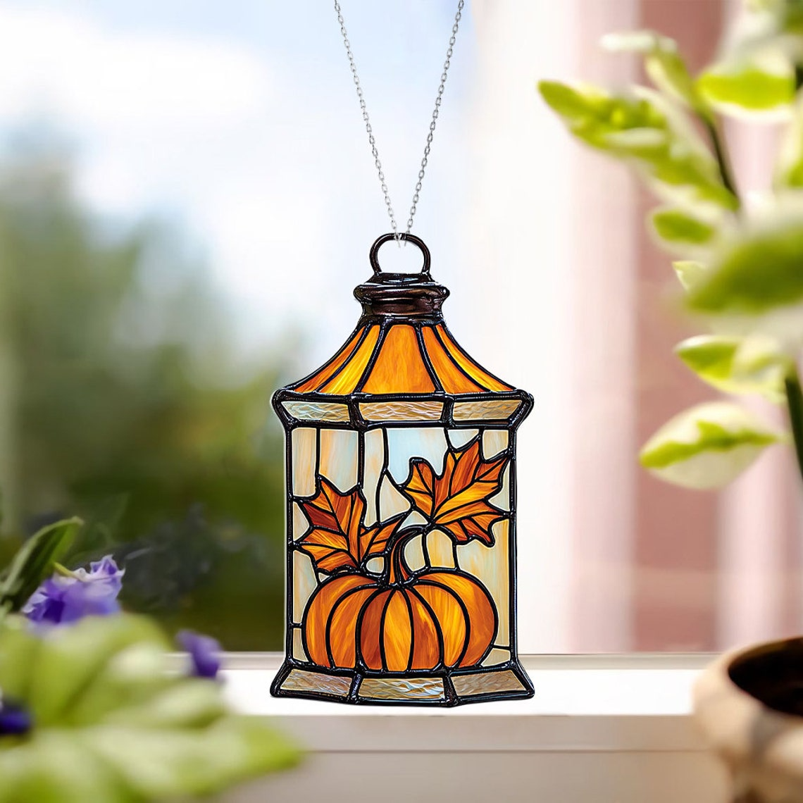 Lantern Pumpkin Autumn Suncatcher, Lantern Pumpkin Hanging Ornament Decor