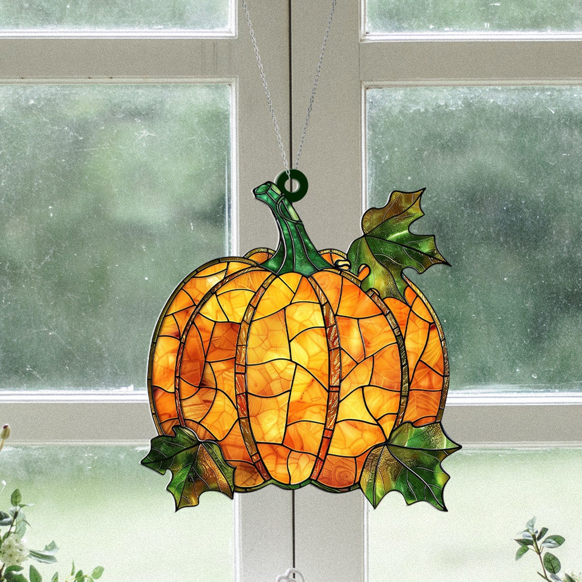 Pumpkin Stained Glass Ornament, Pumpkin Fall Hanging Window Ornament