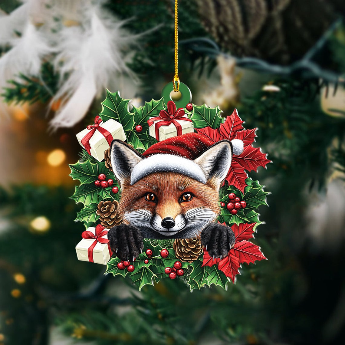 Lovely Fox Christmas Wreath Ornament, Fox Car Hanging Christmas Tree Ornament Decor Gift