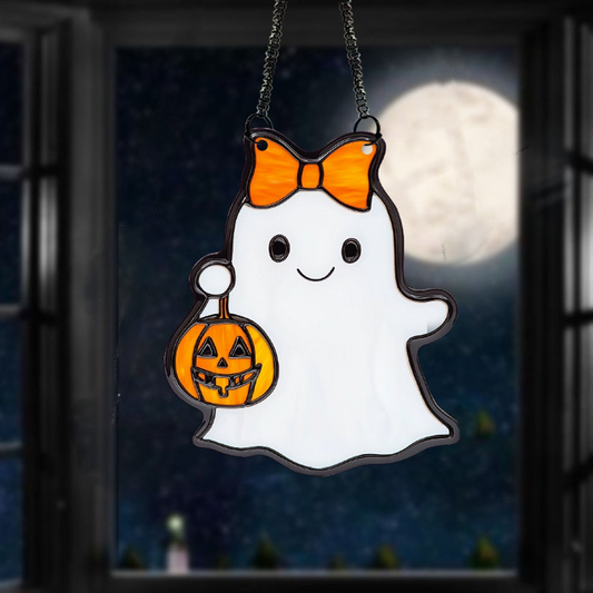 Ghost Pretty with Lantern Pumpkins Suncatcher, Cute Ghost Window Hanging Home Decor