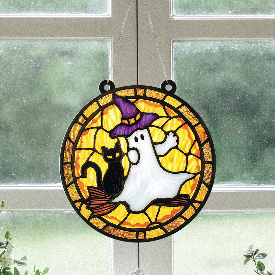 Black Cat & Witchy Ghost Halloween Suncatcher, Ghost Cat Hanging Window Ornament