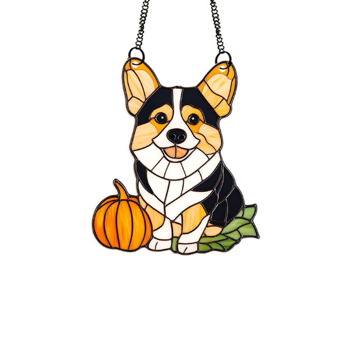 Cute Corgi Dog with Pumpkin Halloween Suncatcher, Corgi Dog Window Hanging Decor