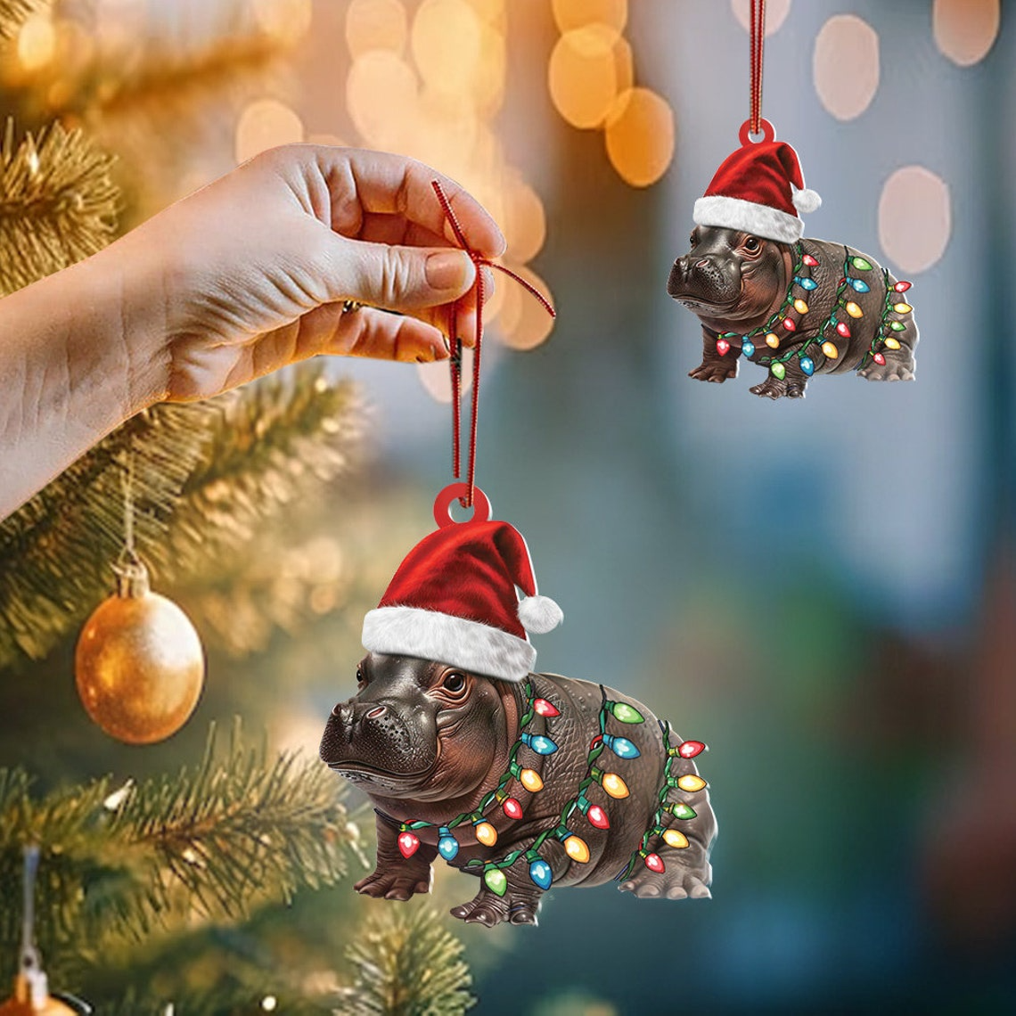 Baby Hippo Moo Deng Christmas Light Ornament, Christmas Pygmy Hippo Wearing Hat Santa Ornament